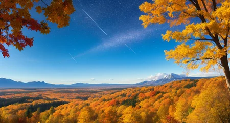 Scenery, mountain vistas, floating leaves, autumn, light and shadow, dream, shooting stars in the sky,evening