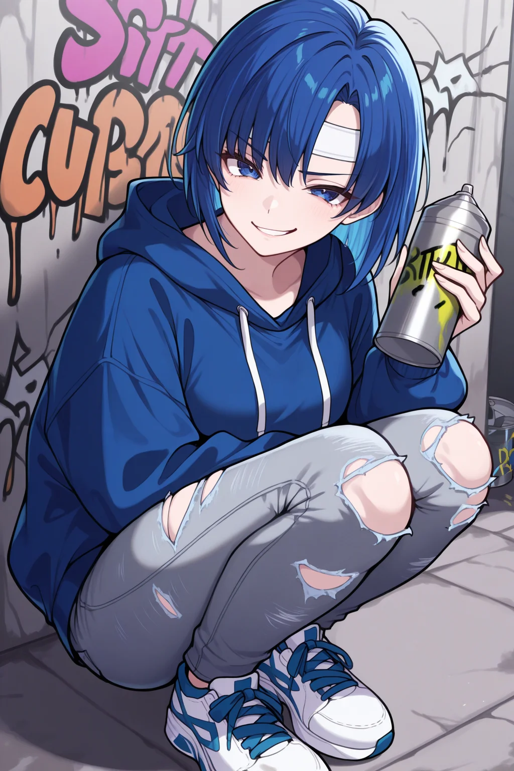 masterpiece, best quality, 1girl, solo, <lora:fecatria-illu-nvwls-v1-000005:1> dfCt, blue hair, medium hair, blue eyes, white headband, blue hoodie, sneakers, grey jeans, torn jeans, squatting, holding spray paint can, graffiti, looking at viewer, smirk, city
