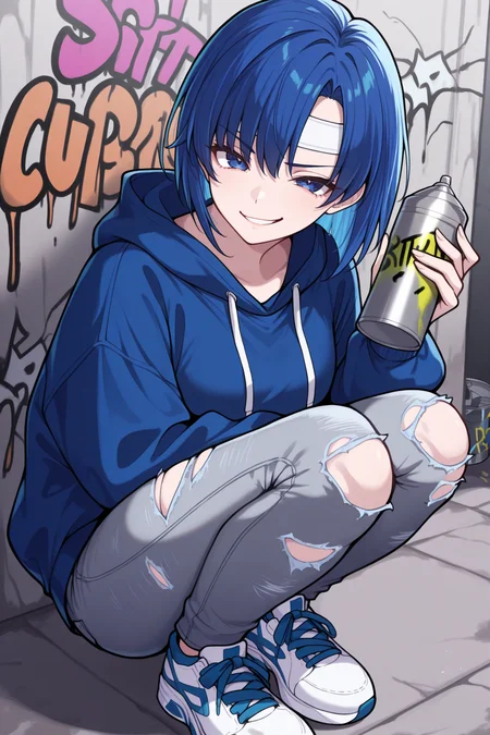 masterpiece, best quality, 1girl, solo, <lora:fecatria-illu-nvwls-v1-000005:1> dfCt, blue hair, medium hair, blue eyes, white headband, blue hoodie, sneakers, grey jeans, torn jeans, squatting, holding spray paint can, graffiti, looking at viewer, smirk, city
