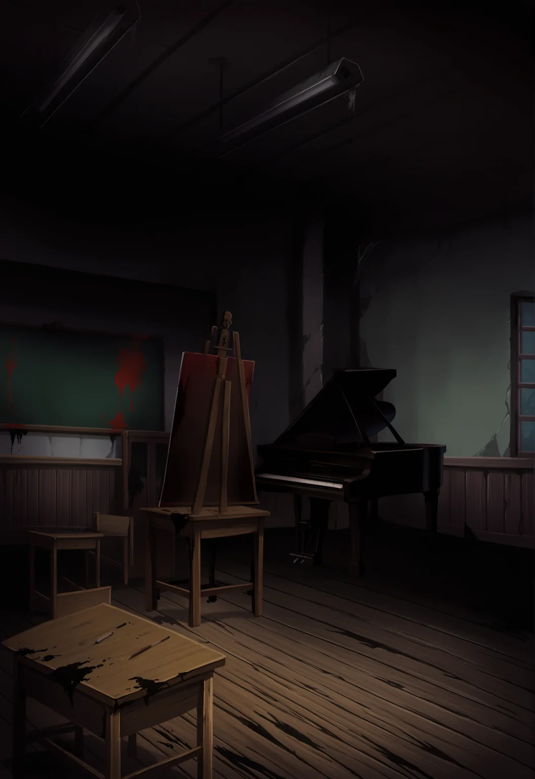 score_9, score_8_up, score_7_up, score_6_up
BREAK
no humans,
BREAK
heavenlyhost, classroom, art room, school, painting \(object\), white wall, wainscoting, tile ceiling, ceiling, ceiling light, wooden floor, school desk, stool, table, piano, canvas stand, horror \(theme\), night, indoors <lora:HeavenlyHostBG:1>