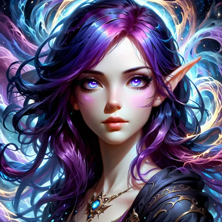 a sorceress with purple hair and blue eyes, magical, ethereal, swirls of magic