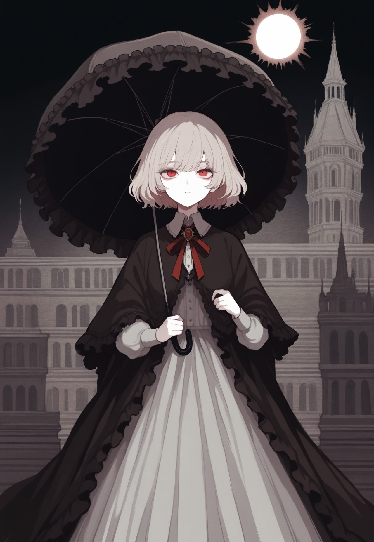 solo, cinematic, abstract, portrait, 

vintage gothic style, harsh brush strokes, melancholic, 

night, sun, Gothic castle background, 

holding_parasol, frilled parasol, (hidding behind parasol:1.2), 

1girl, red eyes, ash white short hair,gray long dress, black shawl, neck_ribbon, red ribbon, emerald neck_brooch, 

masterpiece, best quality, amazing quality, very aesthetic, absurdres, 

masterpiece,best quality,amazing quality, detailed, 
