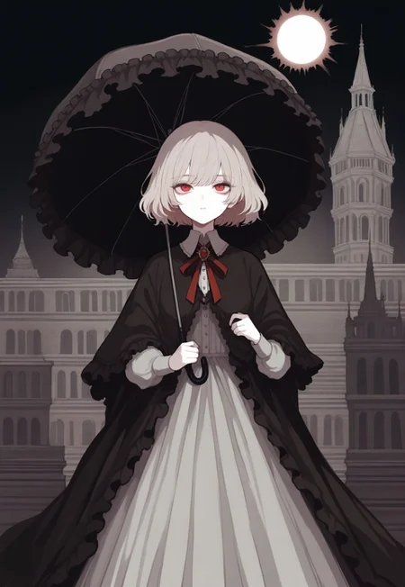 solo, cinematic, abstract, portrait, 

vintage gothic style, harsh brush strokes, melancholic, 

night, sun, Gothic castle background, 

holding_parasol, frilled parasol, (hidding behind parasol:1.2), 

1girl, red eyes, ash white short hair,gray long dress, black shawl, neck_ribbon, red ribbon, emerald neck_brooch, 

masterpiece, best quality, amazing quality, very aesthetic, absurdres, 

masterpiece,best quality,amazing quality, detailed, 
