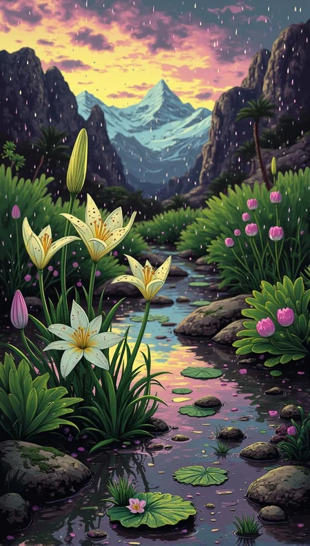<lora:bizarre - s0_8 g4.safetensors:1> b1z4rr3
As the day descended into evening, a gentle rain began to fall over the serene desert oasis. The pale, speckled lilies, previously basking in the golden hues of dusk, now glistened with droplets of water, their delicate petals shimmering under the shifting sky. The majestic mountain backdrop, once bathed in the warm glow of the setting sun, was now veiled in a soft, silver mist, creating an ethereal landscape.
The photographer, a middle-aged Tatar woman with a keen eye for detail, adjusted her DSLR camera, setting a small aperture (f/2.8), fast shutter speed (1/200s), and ISO 100 to capture the crisp detail and vivid colors of the scene. She knelt beside the lilies, her fingers agile as she composed the shot. The raindrops, caught mid-fall, added a dynamic element to the macro image, enhancing the natural beauty of the lilies and the lush greenery around them.
The air was filled with the sweet scent of earth and the soft patter of rain on leaves. Reflections formed in the shallow puddles, mirroring the dusky sky and the silhouettes of the mountains. The photographer, wrapped in a light cloak to protect herself from the rain, felt a sense of awe at the transformation of the landscape. The unpredictability of the weather only enriched her art, bringing out themes of the resilience and beauty of nature.
As she clicked the shutter, the camera captured not just the lilies and the mountains, but the fleeting moment where serenity and chaos merged, creating a stunning image that spoke to the heart of the human experience.