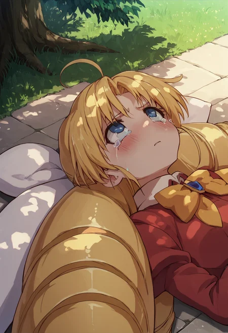 score_8_up, 1girl, blonde hair, blue eyes, solo, long hair, drill hair, bow, blush, ahoge, school uniform, lying, on back, tears, upset, looking up, outdoors, tree shade, dappled sunlight <lora:Selnia_Lori_Flameheart:1>