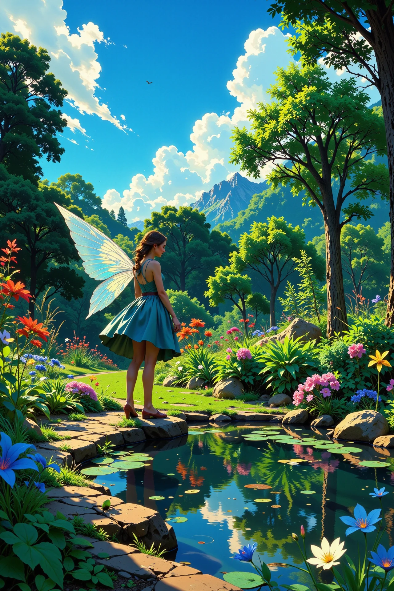A fairy in a garden with a pond beautiful  landscape, bright sunny sky, woman, very intricate, very detailed, sharp, bright, colorful, <lora:Hand v2:0.5> <lora:Anti-Blur:1><lora:Insane Detail Slider:0.25>  <lora:flux.1_lora_flyway_Epic-detail_v2:0.3> <lora:fluxenhancer:0.25> <lora:ROWER:0.6> <lora:Anime art - Variant 3:0.6> Anime art