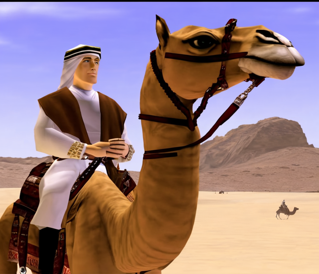 lawrence of arabia the video game released for nintendo 64 in 1997 starring peter o'toole, riding a camel, portrait, low-angle view<lora:epoch-000028:1>