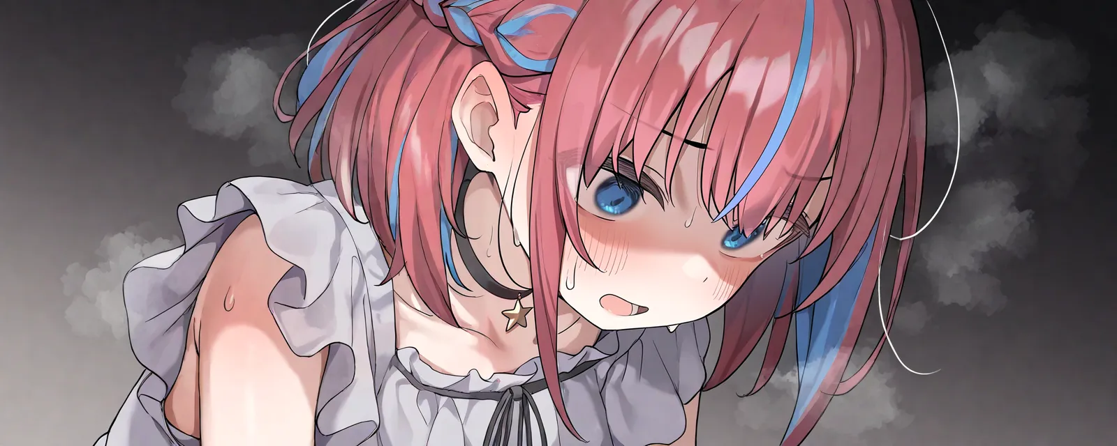 1girl, isemori, _, dress, half up braid, medium hair, multicolored hair, open mouth, shaded face, sidelocks, star (symbol), star choker, streaked hair, sweat, sweatdrop, steam, very awa, very aesthetic, masterpiece, best quality, amazing quality, absurdres