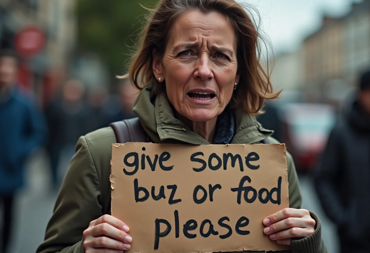 female beggar crying with tears, holding a sign "give some buzz or food please"