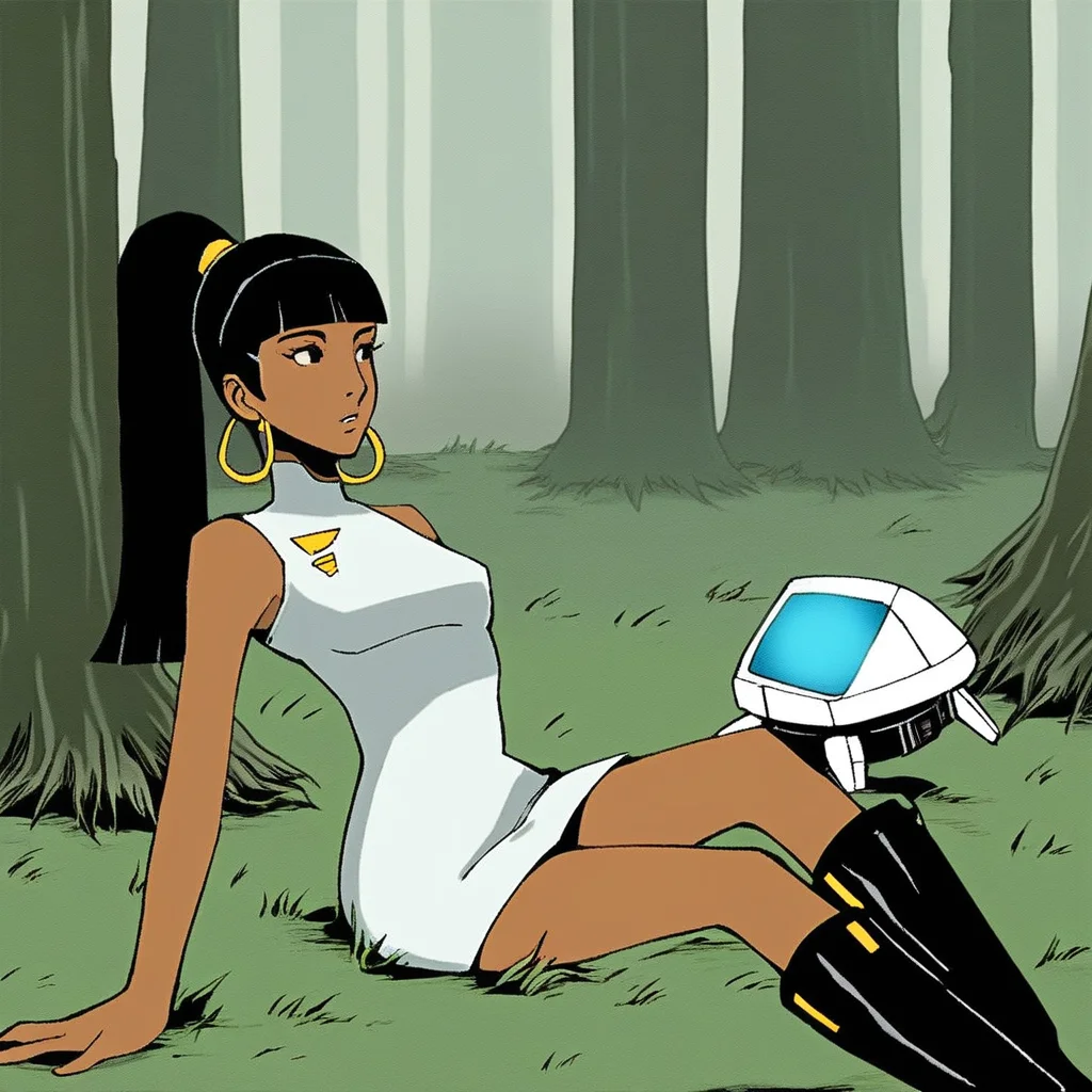 hoop earrings, ltuhura, short_dress, earrings, sitting, eyelashes, tree, grass, dark skin, gold_starfleet_emblem, black hair, drone, forest, blunt_bangs, long_hair, ponytail, boots
