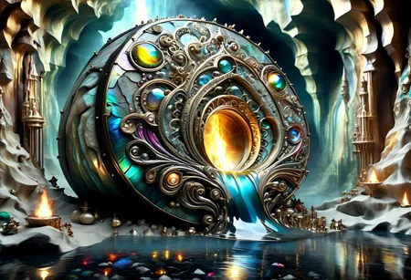 Iridescent Damascus, photorealistic, film grain, color graded cinematic, eye catching, atmospheric lighting, highly detailed, deep depth of field, wide angle, a vast cavern, surreal, soft organic shapes, natural formation,smoothed by time and water, a (vast space:1.9) opening before the viewer, an underground lake, crystal clear water, irregular shape formed by millenia of flowing water, reflecting torchlight, crystals in the rock walls glint in the (colours of the rainbow:1.6), intricately patterned with (labradorite:1.8) and moonstone, contrasted with (black granite:2.0), soft rounded shaped rock inviting to sit down near a fire pit, (surreal:1.8), Dalí, Magritte