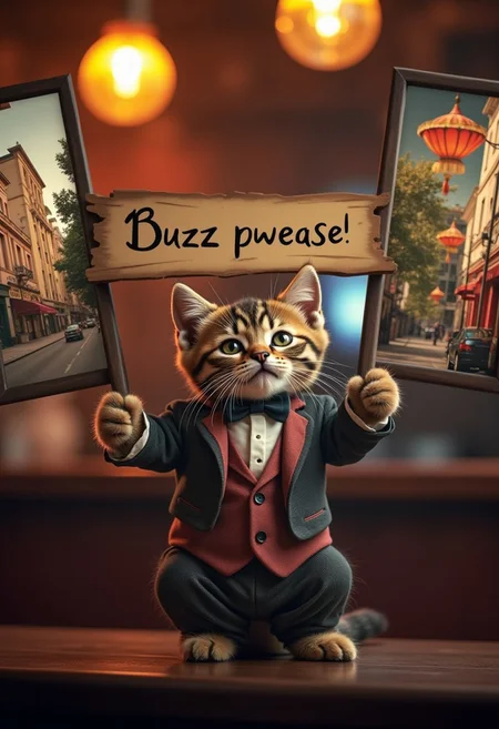 A very cute adorable charmingly cute kitten with a warm smile is seen in a lively bar, holding up a sign that reads "Buzz pwease!'' The kitten is dressed in a Victorian suit, with a relaxed demeanour that invites connection. The images on either side of him are striking photographs, capturing vibrant city scenes with a touch of nostalgia. Each image is richly detailed, showcasing a blend of modern urban life and old-world charm. The overall composition exudes a sense of warmth and familiarity, making it impossible to look away.