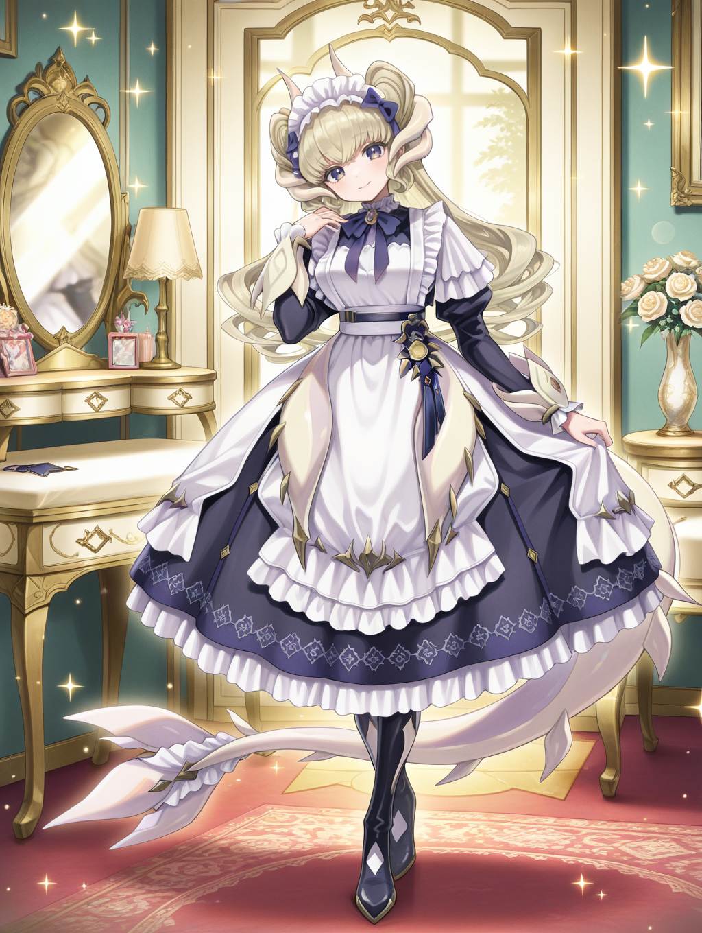 dragonmaid latys,1girl,solo,indoors,flower,looking at viewer,mirror,dressing room,smile,full body,standing,sparkle,hand up,closed mouth,blue maid dress,blue bow hairband,dragon girl,lifting own clothes,blue thigh boots,head tilt, v
masterpiece,best quality,amazing quality,very aesthetic,absurdres,newest,<lora:Dragonmaid latys illuXL v1:0.75>