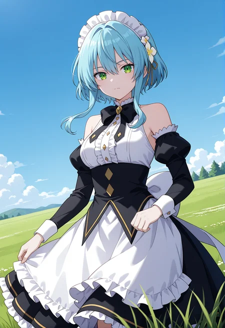<lora:Villhaze_v1.0_illustrious-000038:1>,
Villhaze,solo,detached sleeves,outdoors,maid headdress,flower,looking at viewer,sidelocks,long sleeves,closed mouth,maid,frills,bow,day,center frills,sky,grass,sleeveless,bowtie,shirt,juliet sleeves,blue sky,medium breasts,black bow,puffy sleeves,bare shoulders,skirt