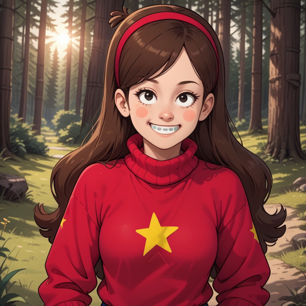 score_9, score_8, BREAK, solo, Mabel_Pines_(Gravity_Falls), 1girl, solo, pink hairband, black eyes, long hair, brown hair, blush stickers, braces, red sweater, turtleneck, long sleeves, skirt, self portrait, smile, looking at viewer, outdoors, sunlight, shadows, evening lighting, natural lighting, forest, trees, grass, orange sky, sunset