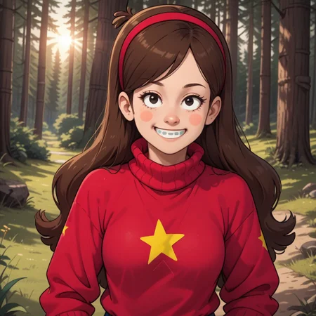 score_9, score_8, BREAK, solo, Mabel_Pines_(Gravity_Falls), 1girl, solo, pink hairband, black eyes, long hair, brown hair, blush stickers, braces, red sweater, turtleneck, long sleeves, skirt, self portrait, smile, looking at viewer, outdoors, sunlight, shadows, evening lighting, natural lighting, forest, trees, grass, orange sky, sunset