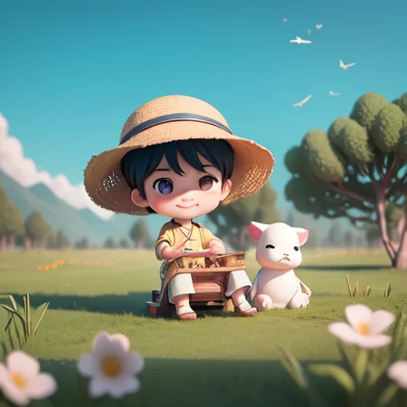 (masterpiece),(best quality),(ultra-detailed), (full body:1.2), 1boy,chibi, smile,(beautiful detailed face), (beautiful detailed eyes), (Simple and clean style_1.5), Rainy day, a small Asian boy with a straw hat, sitting on the back of a buffalo, in a wide field with green grass, colorful flowers, willow trees, swallows flying through the air, vague green hills in the distance, villages, the overall color is fresh and light, cartoon style, Chinese style, 3d effect, happy and relaxed atmosphere. <lora:blindbox_V1Mix:1> , vivid color