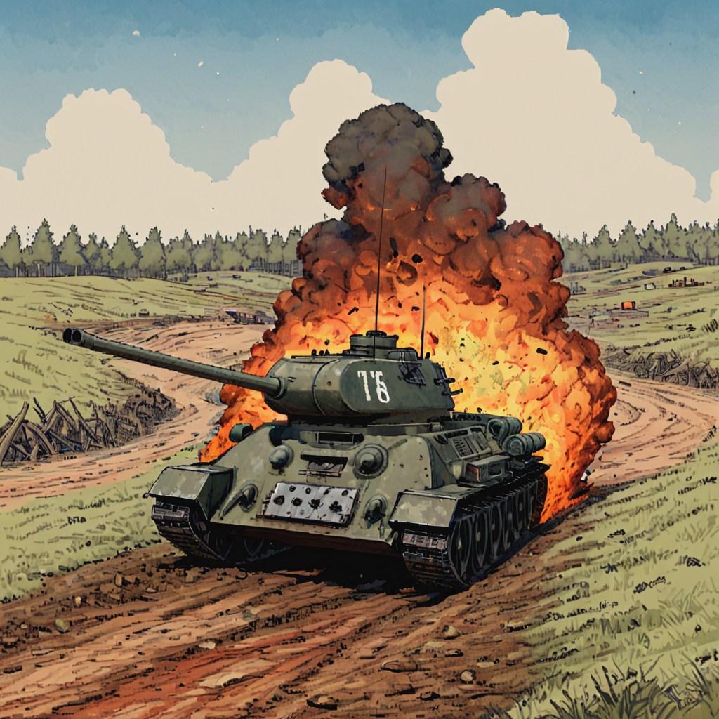 a t3485tnk tank is driving down a dirt road, explosions, smoke, burnt village, wreckage, ((pulp_comic, heavy_lines, hand_drawn, hand_inked, hand_colored, apxlz))