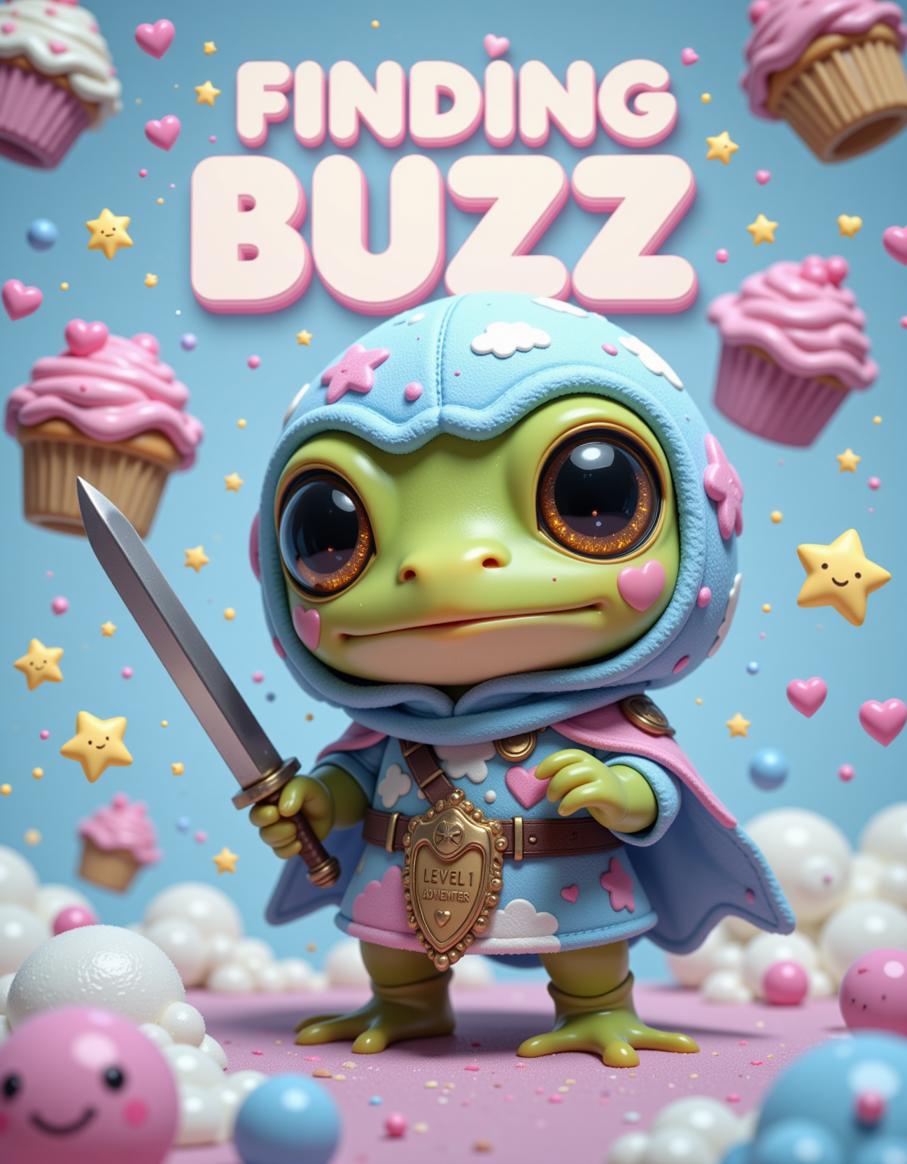 Chibi frog with enormous sparkly eyes (star-shaped pupils!), pink cheeks, and a tiny sword bigger than its head. Cloak: pastel-blue fleece with cloud patterns, tunic covered in heart patches. Text âFINDING BUZZâ in bubble letters with smiley faces. Background: cotton-candy gray fluff, floating cupcakes, and a âLEVEL 1 ADVENTURERâ badge. Sanrio-style maximalism, gel-pen sparkles, and a wagging heart-shaped tail.
_________
dramatic beauty, otherworldly quality, soft lighting, shallow depth of field, high detail, dynamic composition, cinematic shot, film grain, balanced shadows, harmonic colors, emotional depth, symbolic meaning, innovative props/costumes, timeless elegance, modern themes, iconic imagery, unforgettable moment, captivating beauty, stunning impact, thought-provoking, artistic vision, masterful execution.
<lora:cheats:0.4> <lora:NOOB_vp1_detailer_by_volnovik_v1:0.5> <lora:- Flux1 - soothing_atmo_V2.0:0.1>