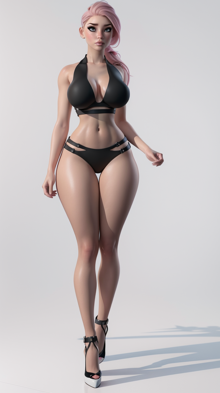 high detailed, masterpiece <lora:M1r0-V2:0.8> 1girl cartoon character in a black bikini and high heel shoes, updo hair, ponytail, perfect hands, big breast, wide hips, thick thighs,  looking at viewer, ultra realistic digital art, a 3D render, photorealism, clean scene, white background, white wall, shinny floor, white floor