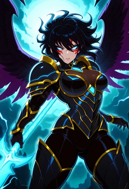 masterpiece, best quality, medium breasts, curvy,
(dynamic pose, foreshortening),
zzFierce, facial mark, armor, alternate hair color, alternate costume, alternate eye color, dark persona,
1girl, gothic valkyrie, dark winged armor, long black hair, glowing spear, stormy sky, intense gaze, wings spread wide, battle-ready, mystical lightning strikes in background, runesword, blue theme,
