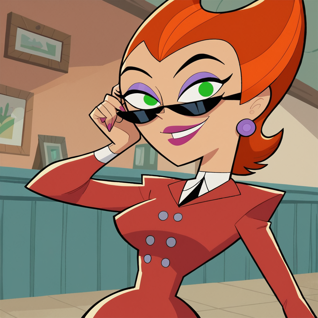 score_9, score_8_up, score_7_up, 1girl, solo, Spectra, orange hair, short hair, green eyes, sunglasses, makeup, eyeshadow, lipstick, earrings, medium breasts, narrow waist, wide hips, looking at viewer, highres, high quality, masterpiece, <lora:Penelope_Spectra:0.8>