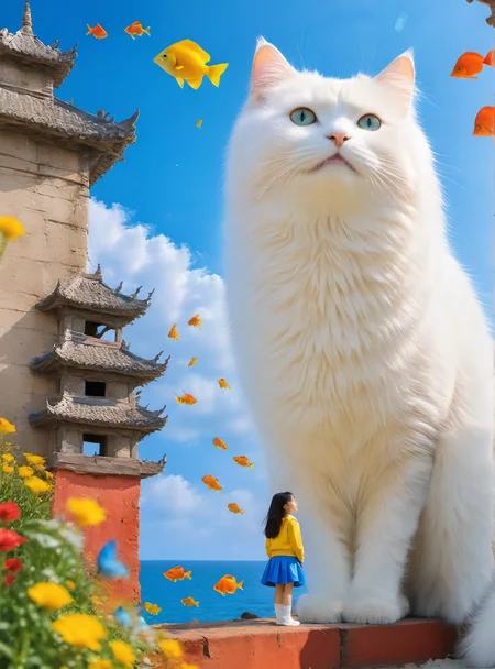 <lora:white cat è¿æV1.0-0008:0.9>,large white cat,a young girl,Sunlight is shining into the sea. There is a gorgeous dragon palace at the bottom of the sea,and the details are clear. Colorful fish are swimming around,, (masterpiece, best quality, highres:1.2),