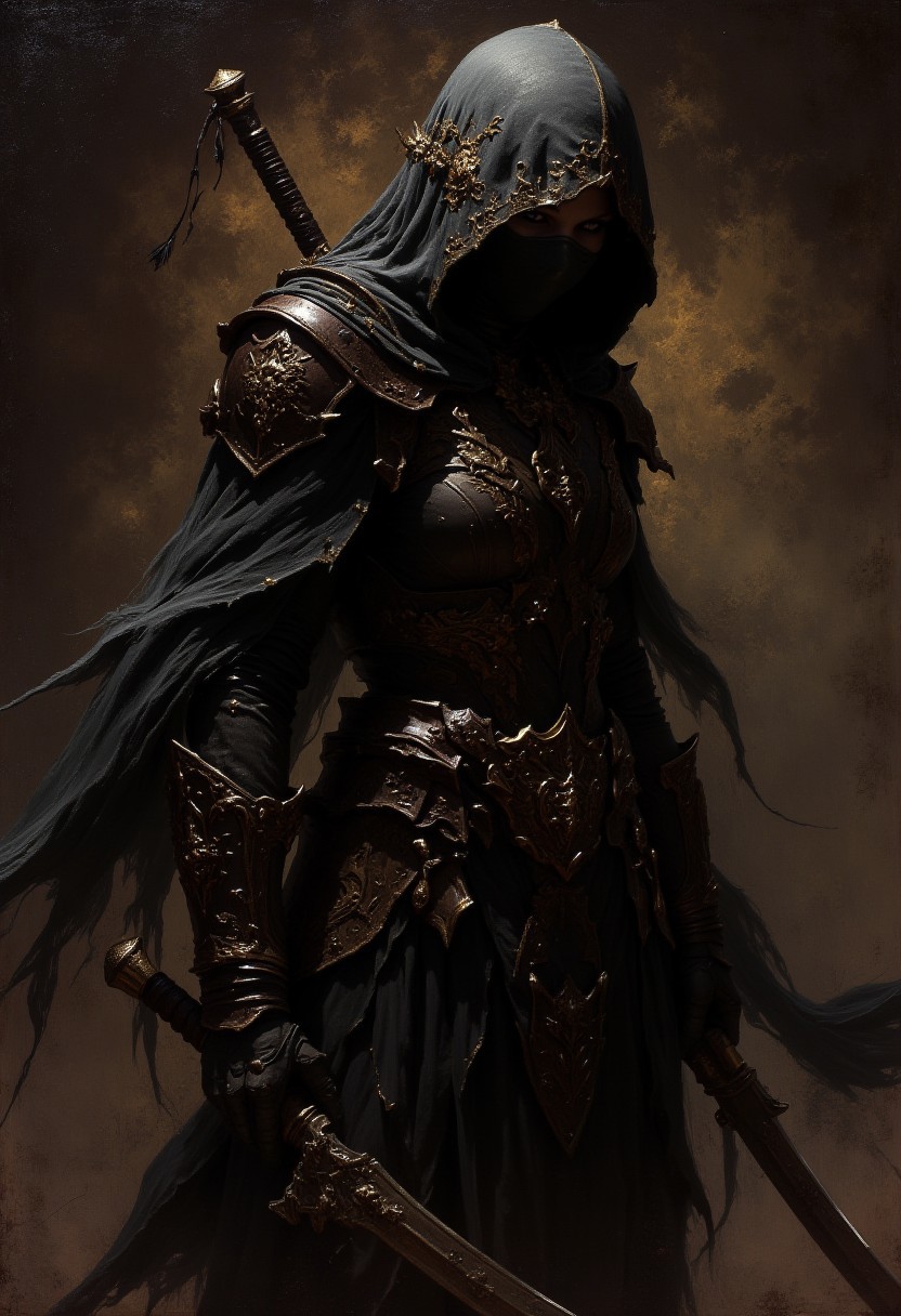 detailed renaissance oil painting, masterpiece, FredFraiStyle, female japanese ninja assassin, hood, chiascuro, silhoutetted, weapons, directional lighting, masterpiece, perfect composition, perfect hands, cowboy shot