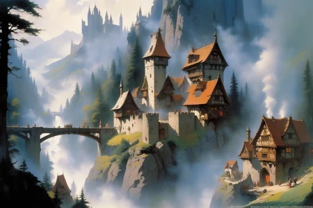 <lora:John Berkey Style:1> John Berkey Style page, mediaeval town, timber-frame houses, mountains, forest, castle, bridges, fog, smoke, (masterpiece:1.2), best quality