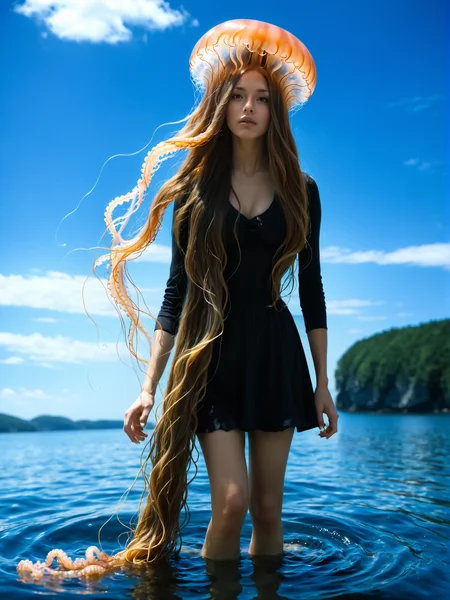 water, woman with very long hair,jellyfish, sky <lora:wuzzolismus:0.8>