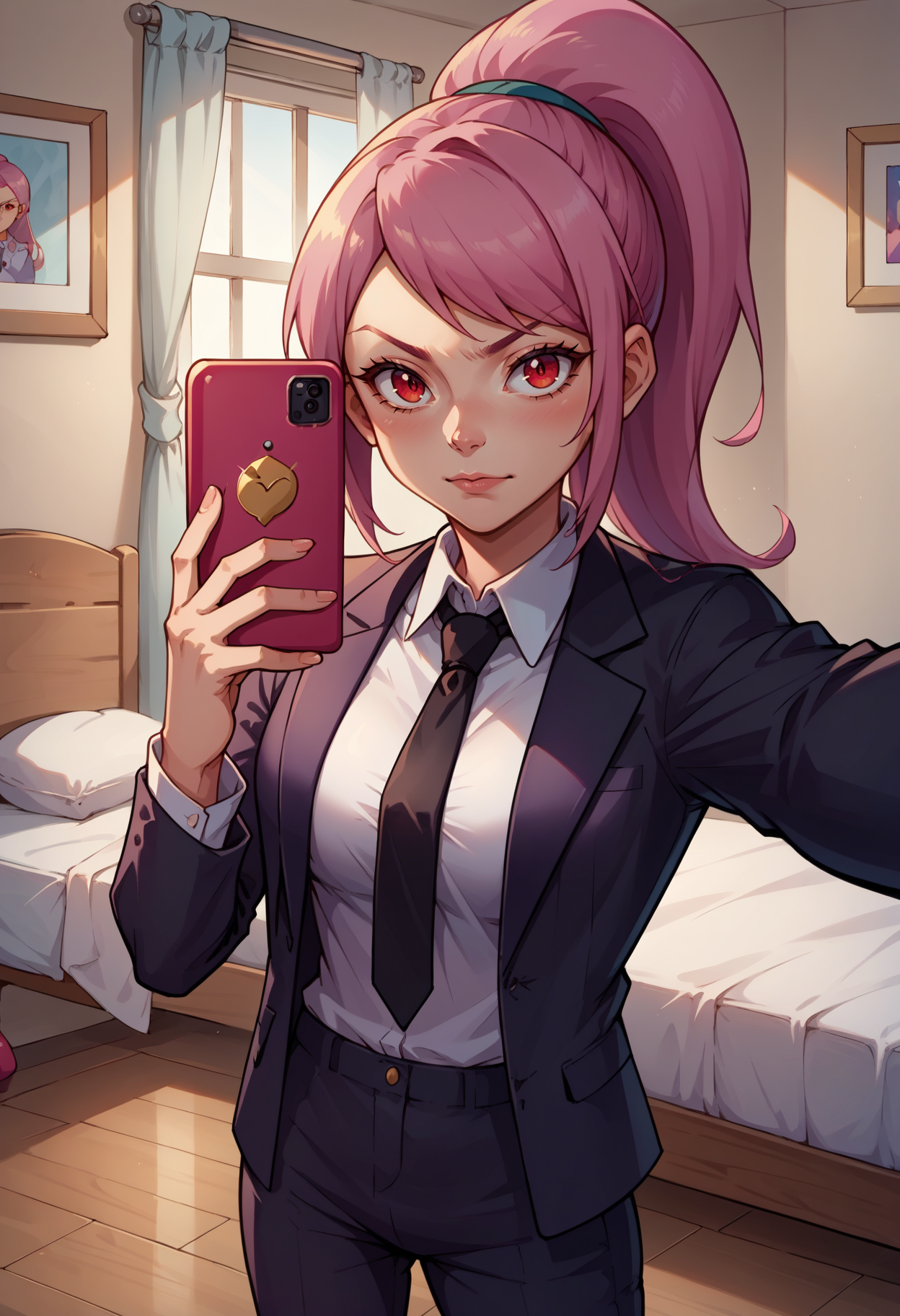 score_9, score_8_up,score_7_up, source_anime, 1girl, solo, <lora:EPpkLavana:1.0>,  EPpkLavana, pink hair, high ponytail, long hair, sidelocks, swept bangs, red eyes,  business suit, black pants, white collared shirt, black suit, black jacket, black necktie, selfie, taking picture, mirror selfie, bedroom, bed, mirror,