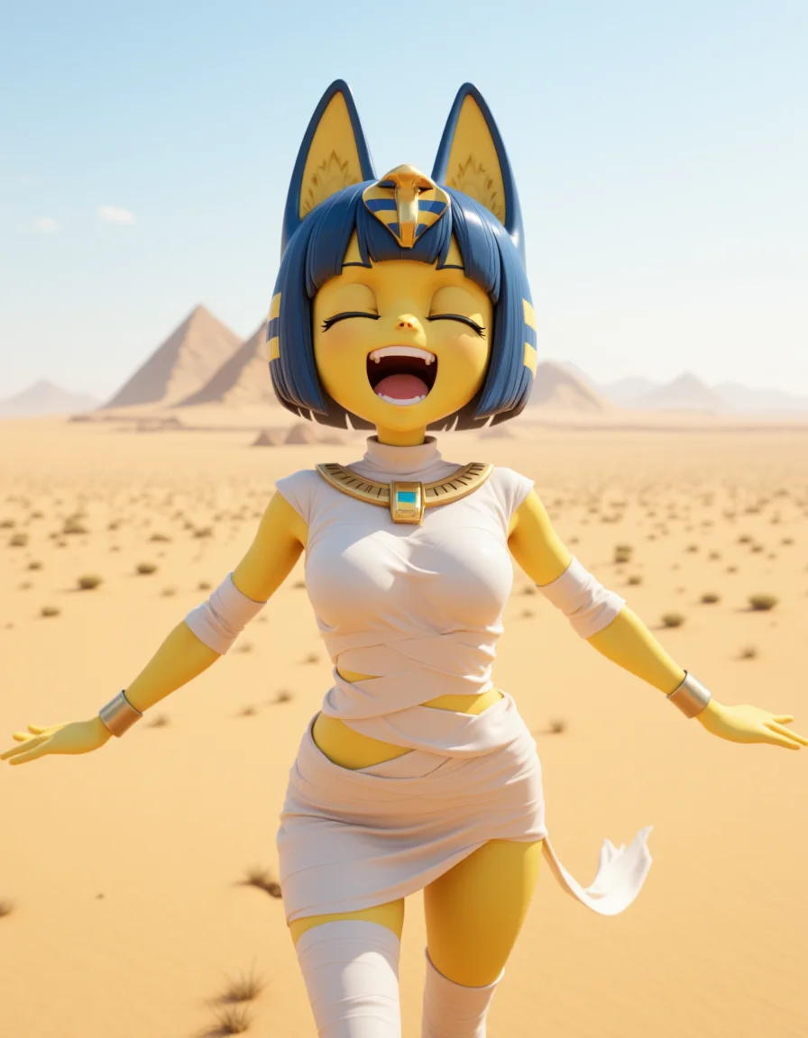 3d CGI Style in a wide shot. Looking at viewer, outdoors in daylight, explicit
She is a 25 year old mature woman, and adult, Ecstatic with eyes squeezed shut, mouth wide in laughter, and arms flung out in joy.
<lora:Animal_Crossing_-_Ankah_V2_000030:1> she is an egyptian woman with yellow skin, with cat ears. Blue hair in a bob cut with blunt bangs, she is a furry female with a cat tail. Wearing a
White shirt designed to resemble mummy bandages, wrapping around the torso for a classic Egyptian undead look.â
A woman stands at the edge of a vast desert, the wind sweeping up sand around her feet as she gazes out over the endless, barren landscape.