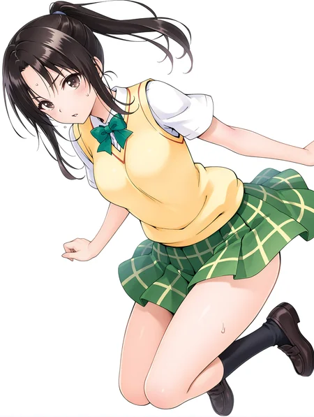 masterpiece,best quality,newest,
anime screencap,1girl,solo,
<lora:kujou_rin_ilxl_v1.1:1>,rin,brown eyes,black hair,parted bangs,ponytail,r_clothes,green bowtie,short sleeve blouse,yellow vest,green plaid skirt,black socks,loafers,
<lora:Fixhands_anime_bdsqlsz_V1:1>,light_blush,cinematic_angle,looking_at_viewer,jumping,full body,parted lips,sweatdrop,white_background,simple_background,dynamic_angle,(serious:0.7),