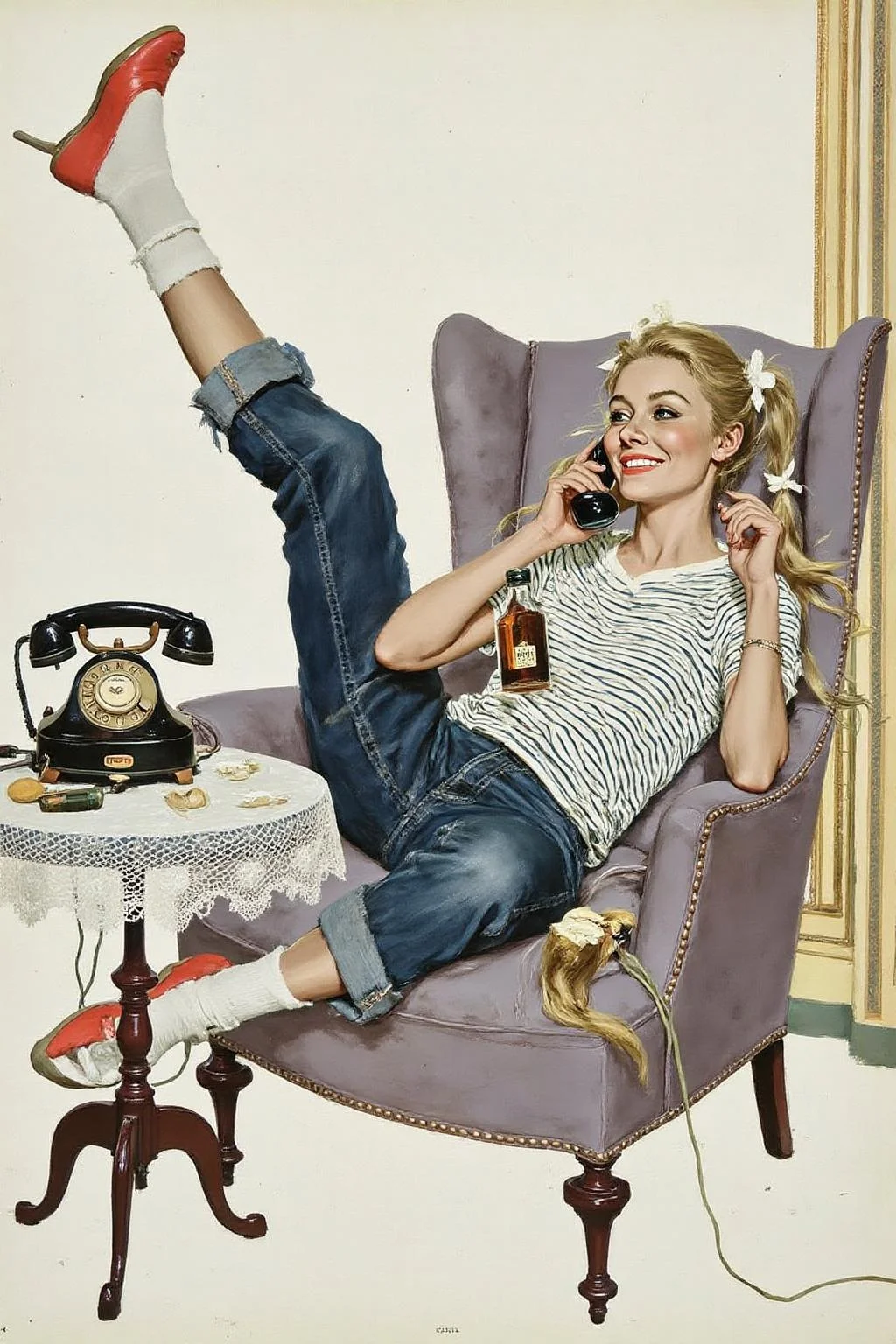 kard1 illustration
Profile of a woman lounging in sofa with her feet up in the air. 
She has light skin, blonde hair styled in pigtails with white bows, and a cheerful expression. She is dressed in a casual outfit: a white and navy blue striped T-shirt and dark blue jeans with rolled-up cuffs, paired with white socks and bright red shoes.
She hold a phone up to her ears with her right hand, while holding a bottle with
her left hand.
In front of her, on a small round table with a lace doily, there is an old-fashioned rotary telephone with a bell and a cord. The table is positioned to the left of the chair.
 <lora:kard1_cap_d6a3:1.0> <lora:yawcolor_nocap1_d4a2:0.7><lora:816556438114620042:0>