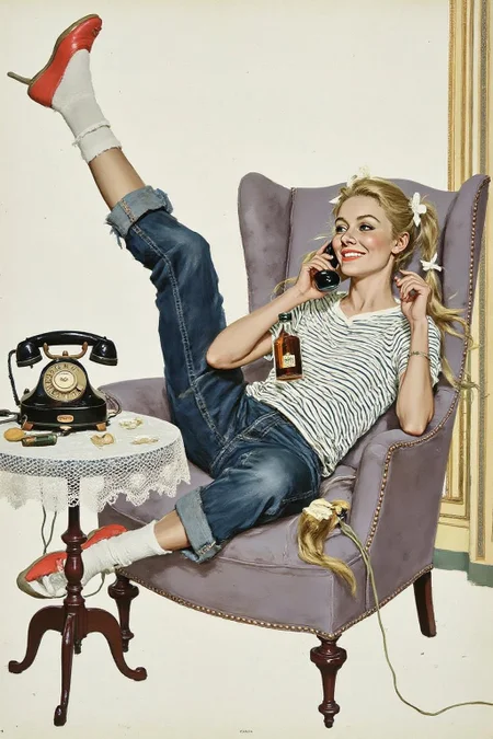 kard1 illustration
Profile of a woman lounging in sofa with her feet up in the air.
She has light skin, blonde hair styled in pigtails with white bows, and a cheerful expression. She is dressed in a casual outfit: a white and navy blue striped T-shirt and dark blue jeans with rolled-up cuffs, paired with white socks and bright red shoes.
She hold a phone up to her ears with her right hand, while holding a bottle with
her left hand.
In front of her, on a small round table with a lace doily, there is an old-fashioned rotary telephone with a bell and a cord. The table is positioned to the left of the chair.
<lora:kard1_cap_d6a3:1.0> <lora:yawcolor_nocap1_d4a2:0.7><lora:816556438114620042:0>