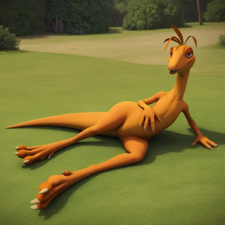 score_9, score_8_up, score_7_up, score_6_up, score_5_up, score_4_up, source_furry, dtmrconductorv2, semi-anthro, male, Troodon, orange skin, brown eyes, dinosaur, feather hair, bedroom eyes, seductive, lying, on side, outside, on grass