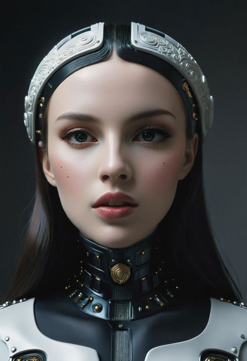 Stylized By Herg: Closeup Portrait, Hyperdetailed awesome Sci-fi Versace Advertisement, dark retro beautiful busty Female Borg, pureerosface_v1 blushed Smile from below, thin face, blushed, Freckles, on the Enterprise in bedroom, very detailed, HD photorealistic, hyper realistic, masterpiece, Explore the somber tones and bleak atmosphere in your depiction, a slender, busty and shy woman in her twenties, living in a picturesque village. Focus on her tousled dark updo, revealing the graceful curve of her neck, Cat like natural eyes framed by freckles. Emphasize her quiet smiling and unassuming nature as she navigates the village with a sense of timidity. Dress her in earthy tones that complement her connection to the natural world.