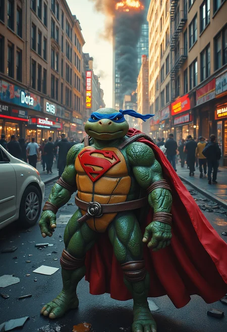 Create a photorealistic image of a Teenage Mutant Ninja Turtle, specifically Leonardo, dressed in a vibrant Superman costume. The turtle stands confidently in the middle of a chaotic city street, with debris and overturned cars scattered around. The scene is illuminated by the warm glow of a setting sun, casting dramatic shadows that enhance the sense of urgency.
Leonardo's shell is visible beneath the Superman costume, which fits snugly and showcases his muscular physique. His blue cape billows dramatically in the wind, contrasting with the dark smoke rising from a nearby building engulfed in flames. His iconic katana swords are strapped to his back, glinting in the sunlight. In the background, you can see citizens in panic, some taking shelter while others capture the moment on their phones. The buildings are tall and modern, with shattered glass and graffiti adding to the urban chaos. The overall atmosphere conveys both heroism and turmoil, capturing Leonardo's determination to save the day despite the surrounding destruction.