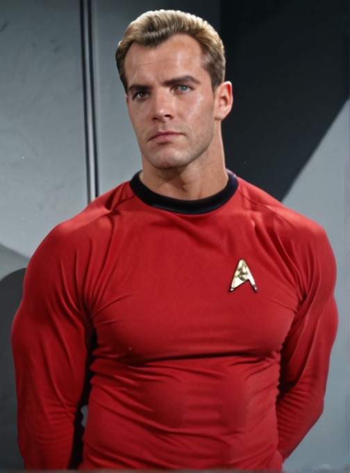 Handsome, masculine, blonde, star trek, red shirt, muscle,  tall, tight shirt, wide pectorals, big shoulders, wide shoulders, muscular neck, German, stunf, star trek uniform,