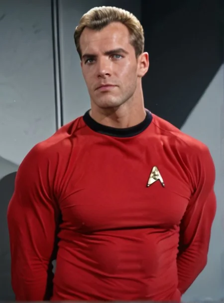 Handsome, masculine, blonde, star trek, red shirt, muscle, tall, tight shirt, wide pectorals, big shoulders, wide shoulders, muscular neck, German, stunf, star trek uniform,