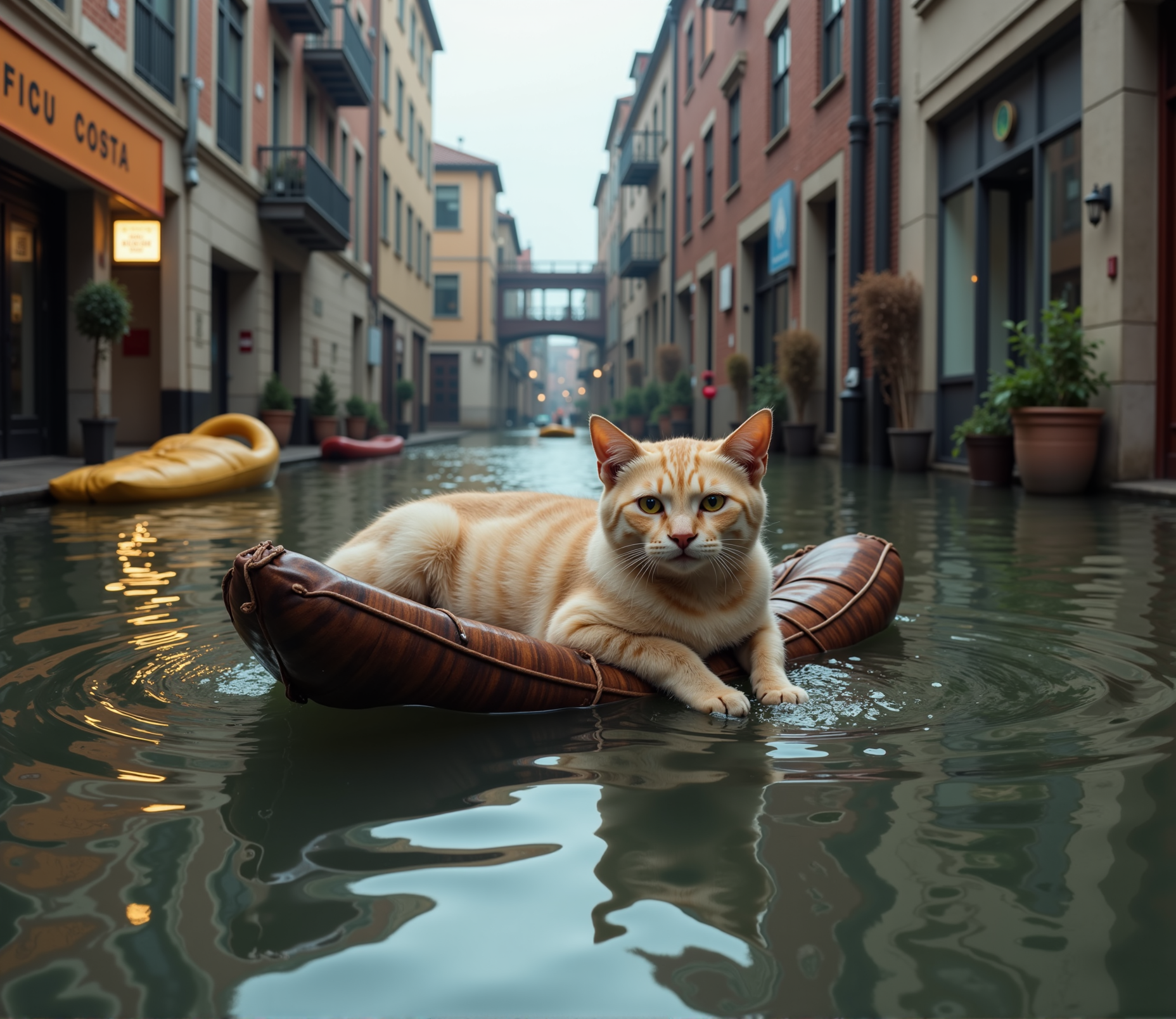 A cat floats on a raft along the street of a flooded city.l. <lora:AntiBlur:1.7>