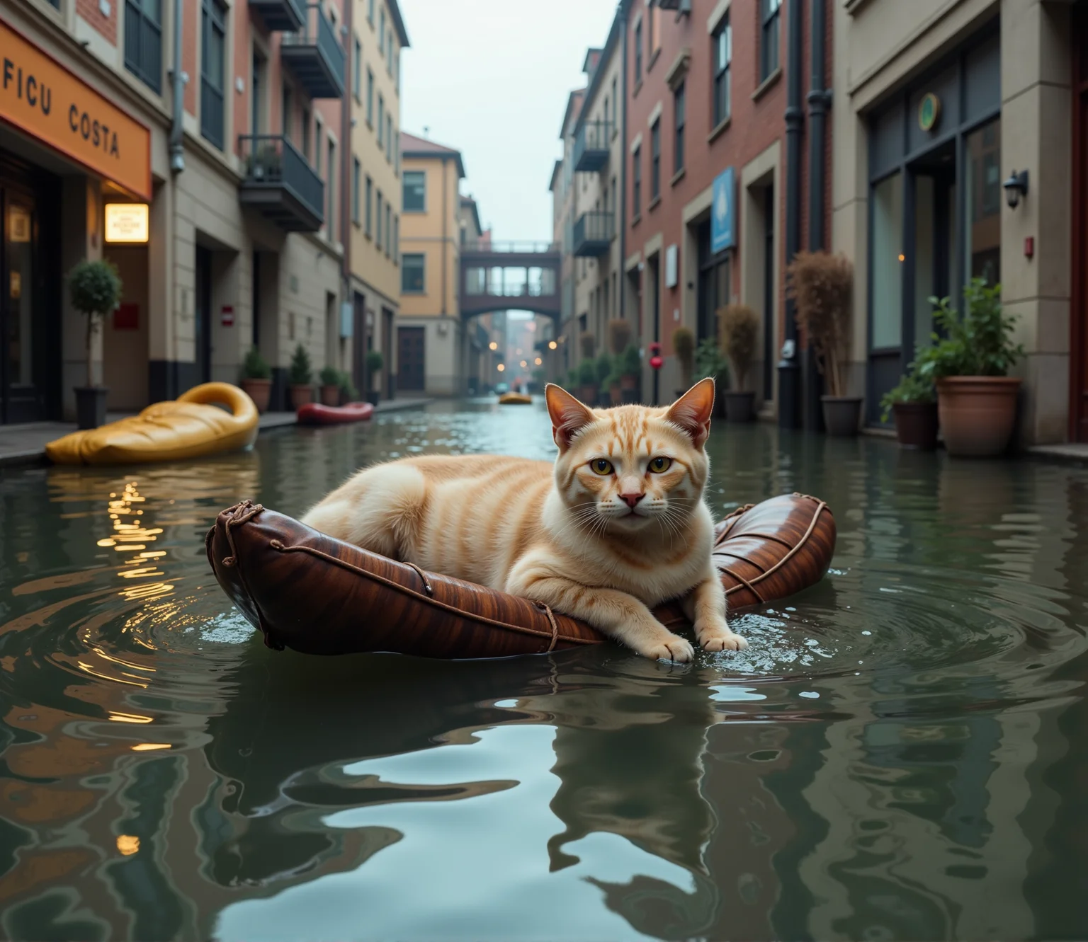 A cat floats on a raft along the street of a flooded city.l. <lora:AntiBlur:1.7>