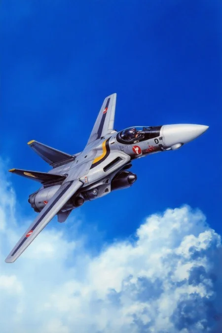m9cha illustration.
A digital painting of a futuristic fighter jet, resembling a F-14 Tomcat, in flight against a dramatic, dynamic sky. The aircraft is depicted in a dynamic pose, angled slightly upwards with its wings slightly swept back, suggesting high speed. The jet is painted in a metallic silver-gray color with dark blue accents on the tail and a distinctive yellow stripe running along the fuselage. The cockpit canopy is transparent, revealing a pilot inside wearing a helmet and flight suit. Background is a blue sky with some white clouds. <lora:macmecha1_cap_d6a3e11:1.0><lora:820690906777833034:0>