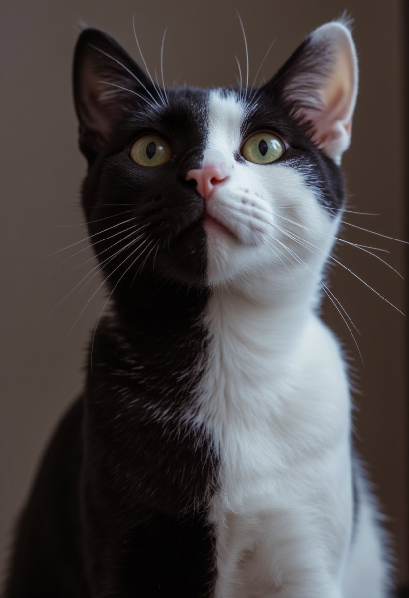 Vibrant Colorful, Realistic, analog photo, very detailed, photorealistic, 4k, photo of a cat split exactly down the middle into a purely black and a purely white side, Realistic analog photo, atmospheric lighting, volumetric lighting, cinematic, Epic Film Quality, n30nfilm