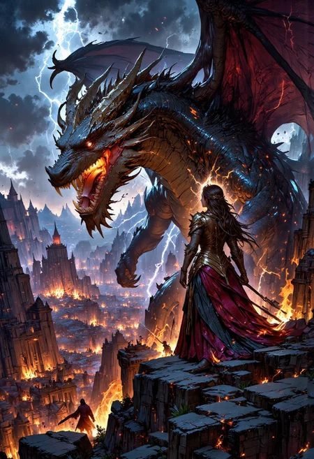 A regal and commanding scene of a dragon queen surveying a vast battlefield from a rocky precipice. Her long, wavy dark-brown hair flows dramatically in the wind beneath a gleaming, intricately designed crown, while her sharp grey eyes radiate fierce determination. Her soft, feminine features and delicate jawline add an air of elegance to her commanding presence. Clad in ornate, crimson and gold armor that accentuates her figure, she wields a magnificent sword with a jeweled hilt, the blade glowing faintly with magical energy.
Beside her stands an enormous dragon (FluxEpicDragon) with shimmering obsidian scales and glowing amber eyes, its wings partially unfurled, creating an imposing silhouette against the twilight sky. Below, the battlefield stretches out in chaos, illuminated by the flickering light of fire and magic. Clashing armies of knights and fantastical creatures fight amidst plumes of smoke and streams of glowing arrows.
The queen’s posture exudes strength and authority as she raises her sword, a silent command to her allies and her dragon, who roars with earth-shaking fury. The sky is streaked with fiery hues, and lightning crackles in the distance, reflecting the tempest of war. This scene captures the queen’s dual nature: a ruthless leader in battle and a majestic figure of unyielding power and beauty, her bond with her dragon a symbol of dominion and loyalty