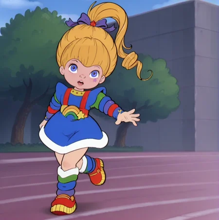 <lora:Rainbow Brite Illustrious 1:1>, rainbow brite running towards the viewer running along a rainbow