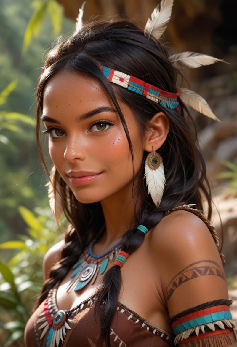 score_9, score_8_up, score_7_up, 1girl, solo, Portrait, girl, native american,adult, cute, seductive, innocent, light smile:0.3, plump lips, slender body, 20yo, adorned with traditional regalia and feathers, Canyon background, dynamic angle detailed Native American tribal dress, depth of field, dynamic angle, fashion photography, sharp, hyperdetailed:1.15,