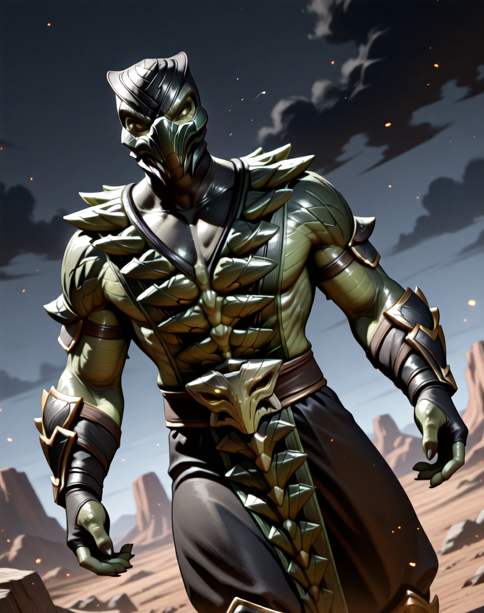<lora:Reptile_X_(Mortal_Kombat)_(Illustrious)_(AD):1.35> Reptile_MK, muscular, Mortal Kombat, 
dutch angle, exterior, monumental architecture, wasteland, dark night sky with black clouds, 
male focus, gradient coloring, villain, intimidating, fierce, 
BREAK very awe, aesthetically pleasing, masterpiece, best quality, amazing quality, very aesthetic, perfect depth of field shot, in'ei, source_furry, furry_art, 
Smooth Quality, lazympos, IllustQualXL_Pos,