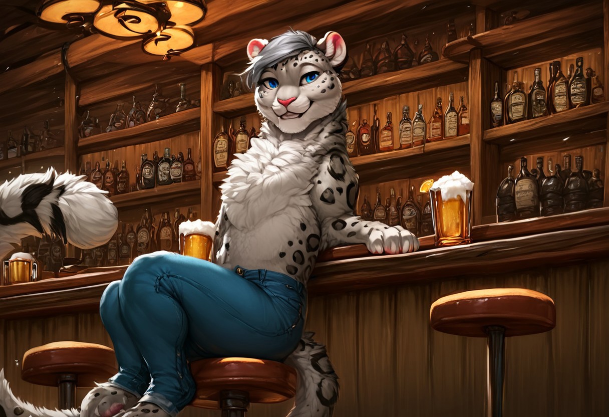 quadruped, (feral snow leopard with a tuft of short gray hair:1.2, blue eyes, wearing jeans sitting on a barstool with a drink at a bar), fluffy paws, snow leopard tail, pink nose, digitigrade, detailed paws, realistic paws, thick, fluffy, relaxed, sultry, pawpads, tavern, inn, bar, smoky, lounge, cocktails, beer, dating, (fluffy chest), (smile:0.9), dim environment, score_9_up, dutch angle, score_8_up, score_7_up, score_6_up, score_5_up, score_4_up, (clothed feral), hair on feral, detailed background, (photorealistic), POV