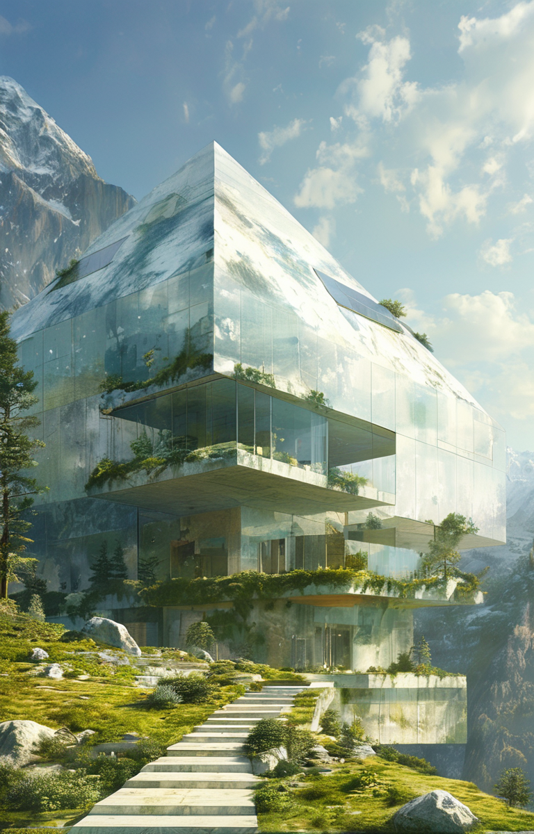 masterpiece,best quality,<lora:tbh311-sdxl:0.9>,illustration,designed by Rem Koolhaas Sustainable eco-village with green roofs and solar panels, nestled in a mountain valley